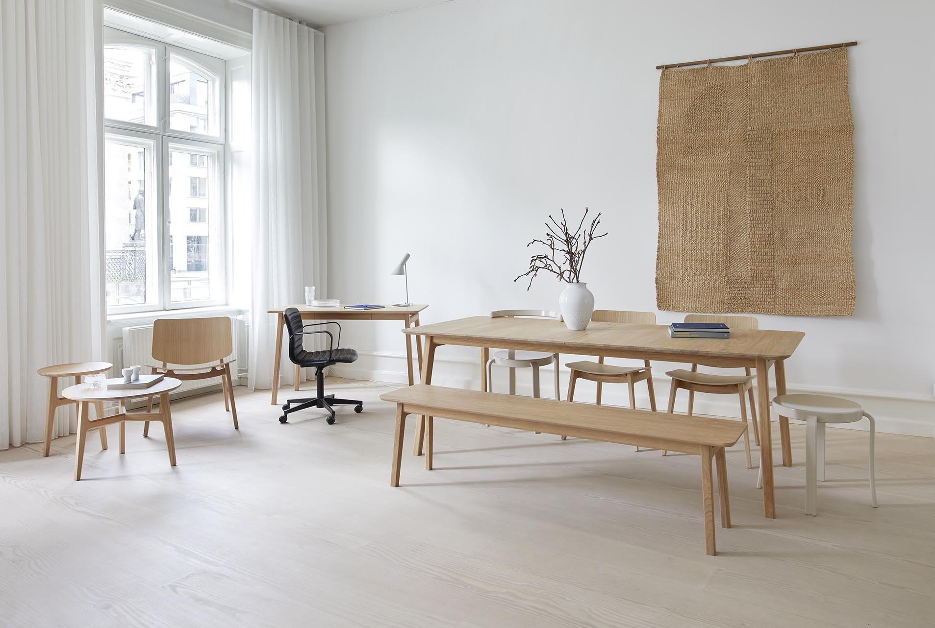 Freya series dining table and bech white oiled oak